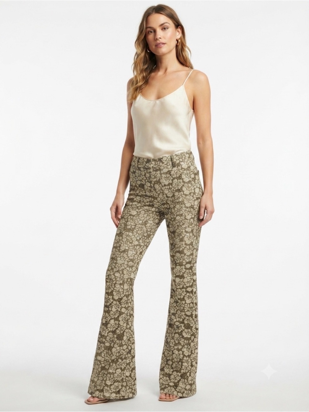 SW3 Bespoke Olive Green Cream Floral Lace Overlay Flare Pants Boho Festival S